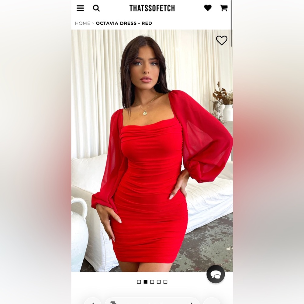 Octavia Red Ruched Mini Dress with Sheer Bishop Sleeves